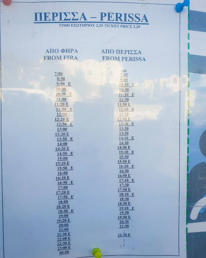 Fira Perissa Santorini Greek Islands Greece A Complete Guide To The Santorini Public Transport System A sign of the bus timetable for the bus from Fira to Perissa in Santorini, Greece "A Complete Guide To The Santorini Public Transport System"