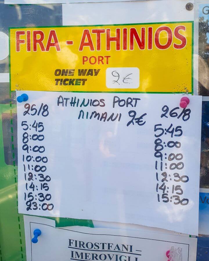 Fira Athinios Santorini Greek Islands Greece A Complete Guide To The Santorini Public Transport System A sign of the bus timetable for the bus from Fira to Athinios in Santorini, Greece "A Complete Guide To The Santorini Public Transport System"