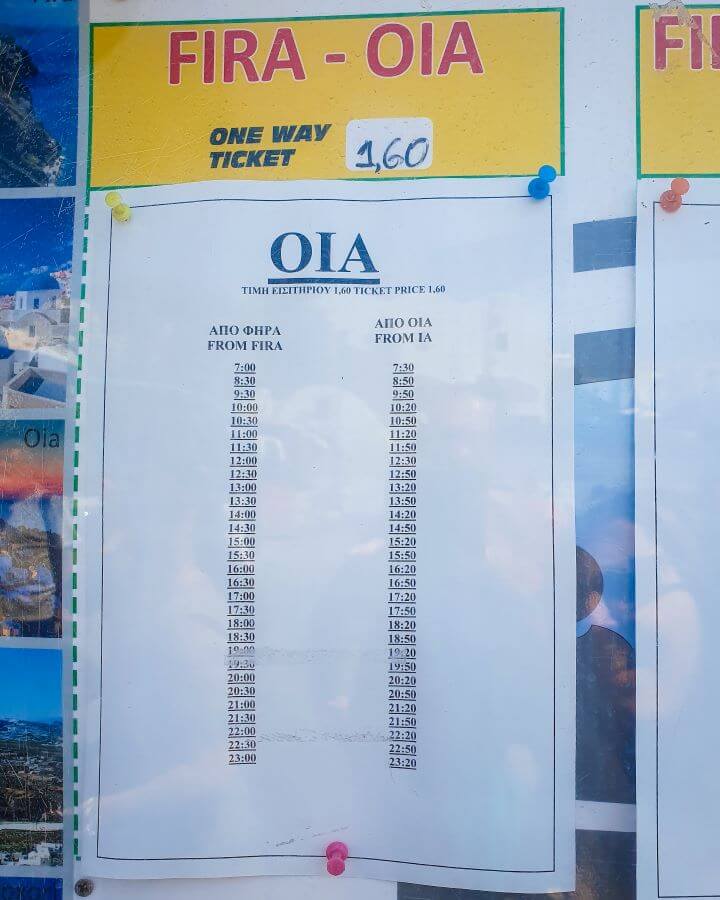 Fira Oia Santorini Greek Islands Greece A Complete Guide To The Santorini Public Transport System A sign of the bus timetable for the bus from Fira to Oia in Santorini, Greece "A Complete Guide To The Santorini Public Transport System"