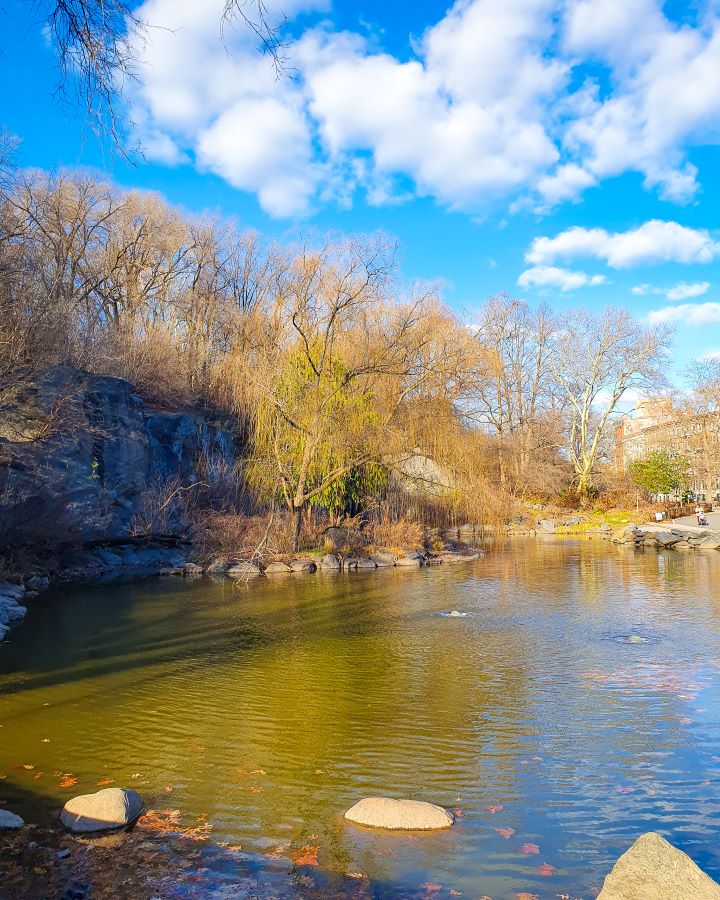 Morningside Park New York City USA Non-Touristy Activities for Return Visitors to New York City A little lake with rocks in and around it in Morningside Park in New York City, USA. Around the lake are trees, a little rocky cliff and a path behind it on the right "Non-Touristy Activities for Return Visitors to New York City"
