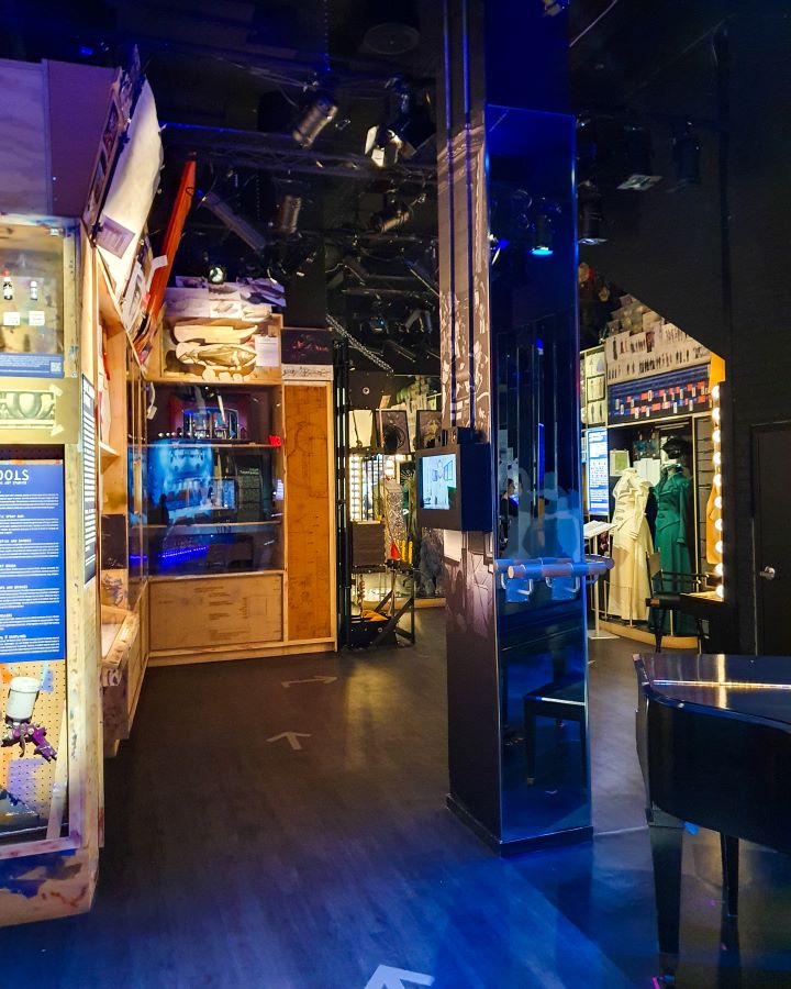 Museum of Broadway New York City USA Non-Touristy Activities for Return Visitors to New York City Inside the Museum of Broadway in New York City, USA in the section about people behind the scenes in theatre. There's arrows on the ground showing you where to walk and around the path are cabinets with things in them and writing on them and a pole with a small tv screen on it too "Non-Touristy Activities for Return Visitors to New York City"