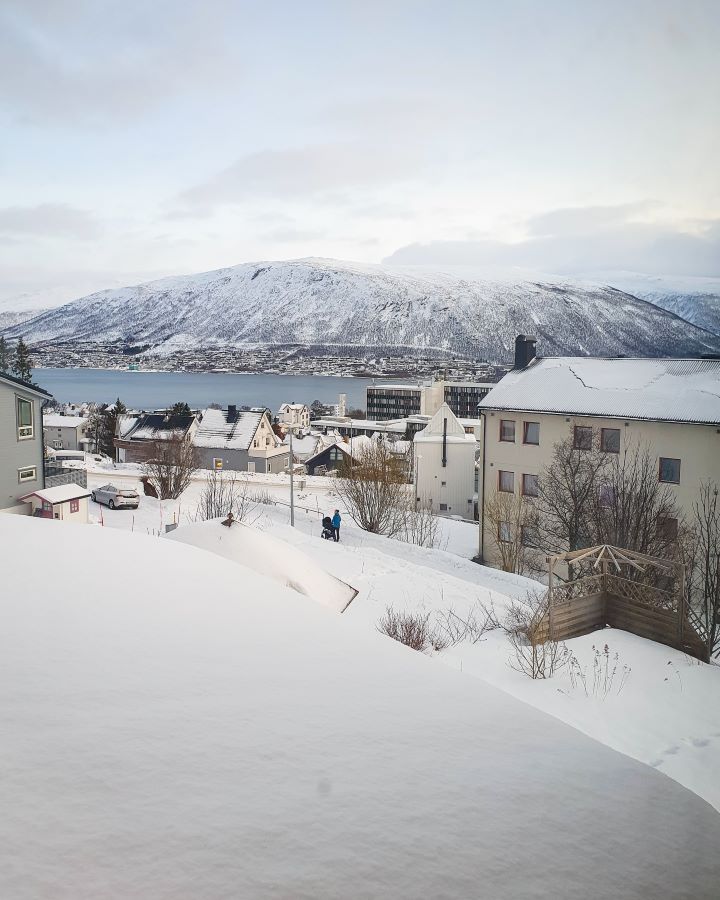 Best Things To Do in the City of Tromsø, Norway A view over Tromsø, Norway. There's houses and a street with someone walking along it. Behind the houses is the water, with a big hill behind that. Everything is covered in snow and the sky has some clouds in it. "Best Things To Do in the City of Tromsø, Norway"