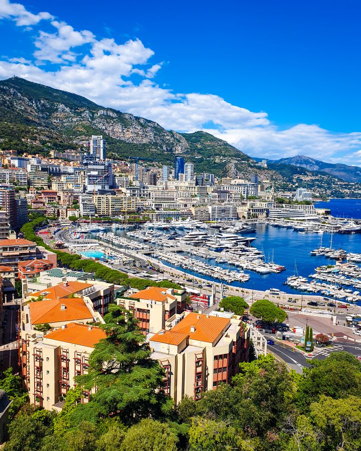 A view over Monaco from the hill where Monaco City is. In the foreground are some green trees and buildings with orange rooves. Behind that is a harbour with lots of boats in it and behind it is the city with lots of tall buildings and a huge hill behind with rocks and green plants. "The Best Budget Nice to Monaco Day Trip"