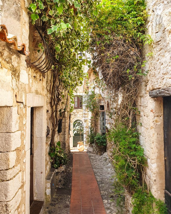 A little street in Èze village in France. It's a small street with high stone walls on either side with vines going up the walls. There's a little red brick path going down the street with doors and windows on the buildings. How to Navigate Public Transport in and Around Nice, France