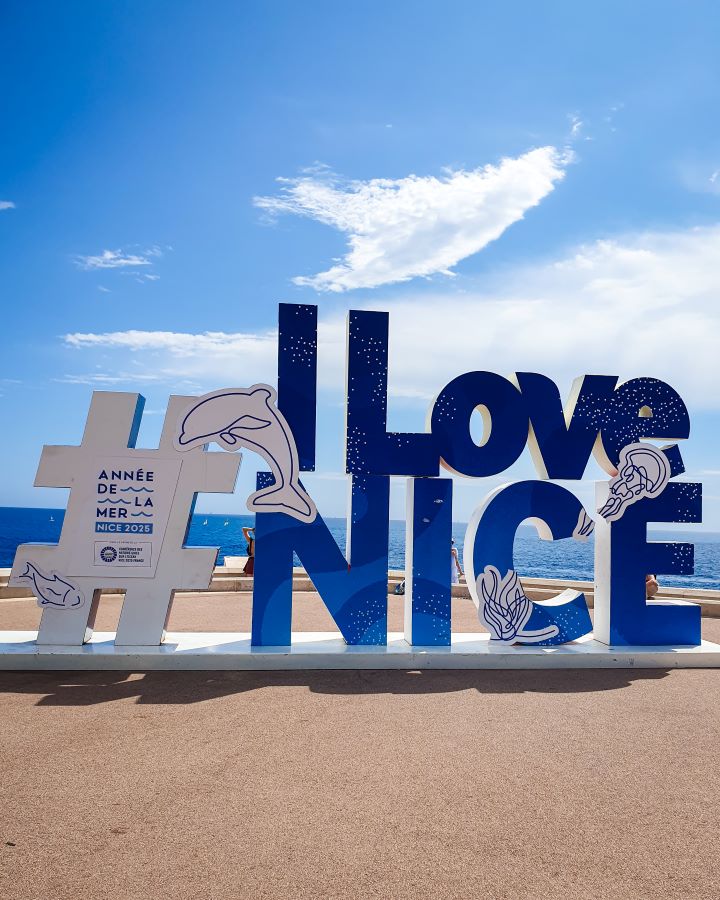 How to Have the Best Three Days in Nice, France. A big # I Love Nice sign in blue with sea creatures decorating it.