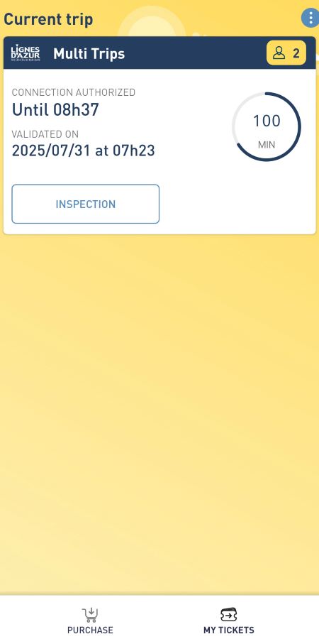 A screenshot of the Lignes d'Azur app that shows the ticket has been validated and has 100 minutes left. How to Navigate Public Transport in and Around Nice, France