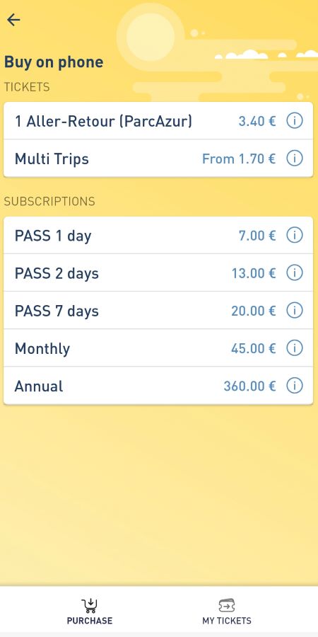 A screenshot of the Lignes d'Azur app with different pass options worth different amount of Euros. How to Navigate Public Transport in and Around Nice, France