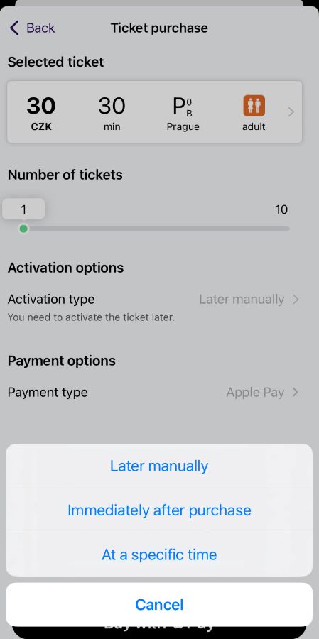 PID Lítačka App Prague Czechia A Complete Guide to Prague Public Transport A screenshot of the PID Lítačka App with a pop up that comes up once you've selected a ticket. It asks when you'd like to validate the ticket. A Complete Guide to Prague Public Transport