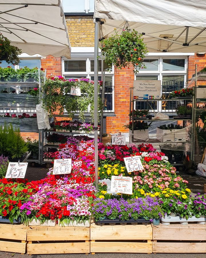 Columbia Road Flower Market London Less Touristy Places in London for Return Visitors Some crates and shelves with colourful flowers on them and signs showing you how much they are at the Columbia Road flower market in London. There's some white tents overhead and a brick building behind. Less Touristy Places in London for Return Visitors