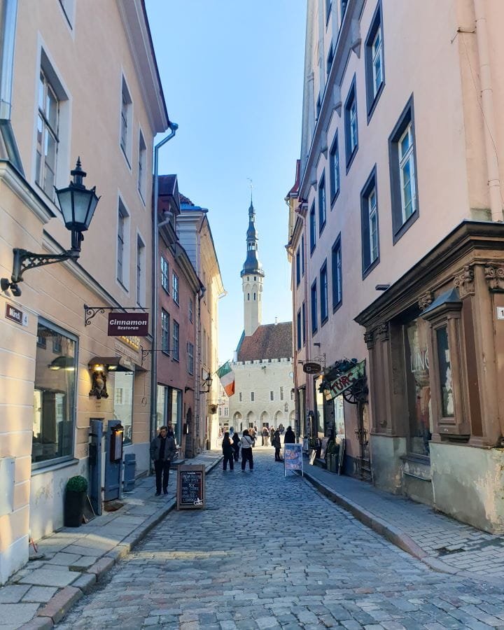 Raekoja plats Town Hall Tallinn Estonia How To Do Helsinki and Tallinn In a Weekend Looking down a street in Tallinn, Estonia. The cobbled street has buildings on either side that have signs and a lamppost hanging on them. At the end of the street is the main town square with a view of the big white town hall. The hall has a brown roof and a big spire with a point on top. There's people walking around and the sky is clear and blue. How To Do Helsinki and Tallinn In a Weekend