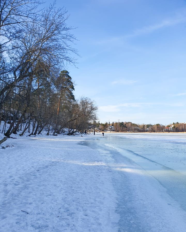 Rajasaari Koirapuisto Helsinki Finland How To Do Helsinki and Tallinn In a Weekend On a frozen beach in Helsinki, Finland. The sand is covered in snow and the water is frozen and icy. There's bare trees on the bank on the left and trees in the background on another bank. How To Do Helsinki and Tallinn In a Weekend