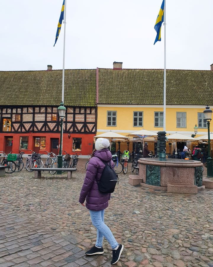 Casa Ekströmska Sweden How To Have The Best Day In Malmö From Copenhagen How To Have The Best Day In Malmö From Copenhagen. Krissie standing in a cobbled town square in Malmö, Sweden. Behind her are old red and yellow buildings with brown wooden details. In front are two flag poles with the Swedish flag on top, and in front of those are bikes and a fountain.