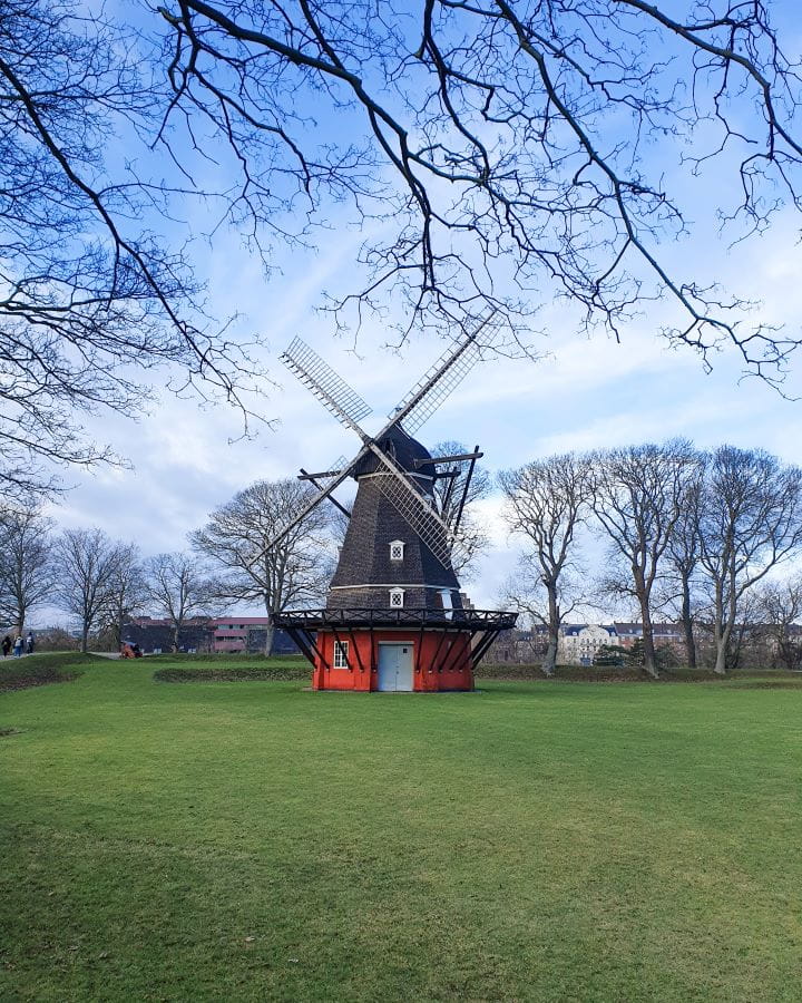 Kastellet Fortress Denmark How to Enjoy Your Time in Copenhagen For Free A windmill with a red bottom and a black roof with 4 blades on it and little white windows in the Kastellet Fortress in Copenhagen, Denmark. In front of it is green grass and around it are bare trees. How to Enjoy Your Time in Copenhagen For Free