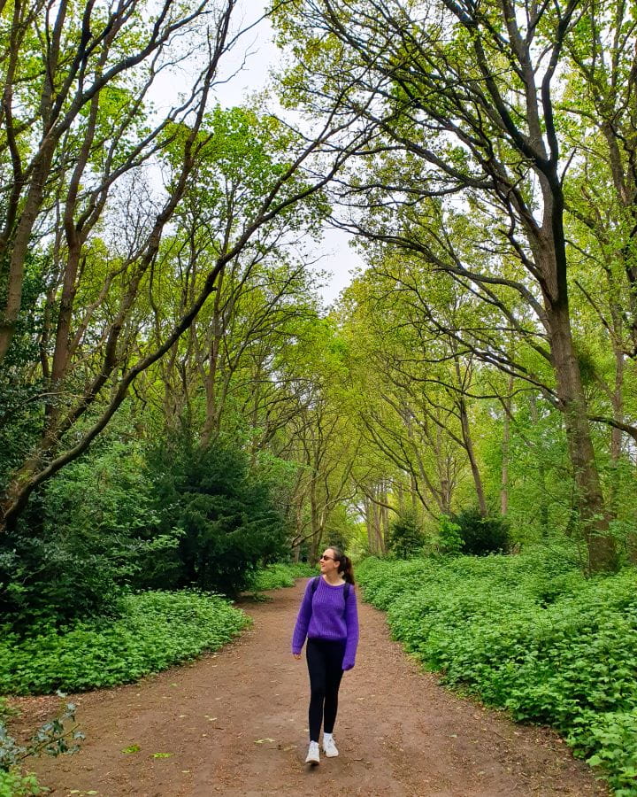 United Kingdom Wimbledon and Putney Commons Nine Less Touristy But Wonderful Parks to Visit in London Krissie in a purple jumper walking down a dirt path towards the camera in Wimbledon and Putney Commons in London. Around the dirt path are low green bushes. Above the path are tall trees forming an archway over the path. Nine Less Touristy But Wonderful Parks to Visit in London